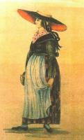 Historische Zeichnung einer typischen Kleidung der "gemeinen Lavantalerin" von Pfarrer Decrignis. (Allgemeine Lavanttaler Tracht)